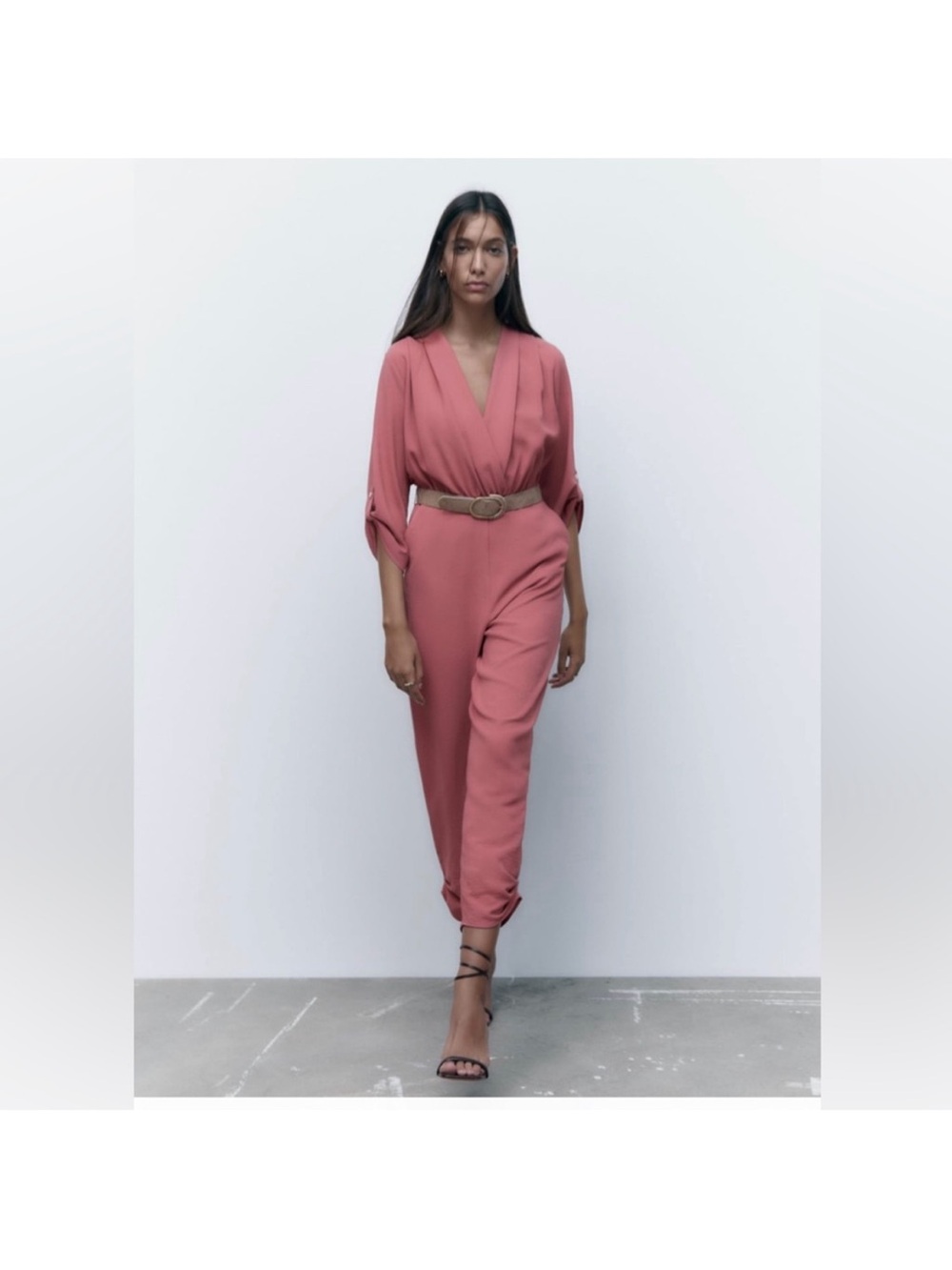 Zara Rose Pink V-Neck Jumpsuit with Belt
